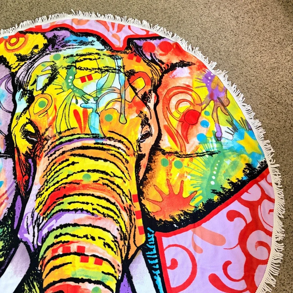 Uncle Jerry's T's Dean Russo Pop Art Elephant Round Fringe Beach Towel 60